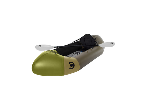 Olive and tan inflatable traverse pack-raft kayak with black seat and white paddle for easy water transport