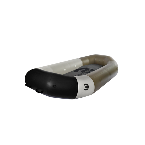 Black white and olive green inflatable quest raft with sleek design and c logo on the side