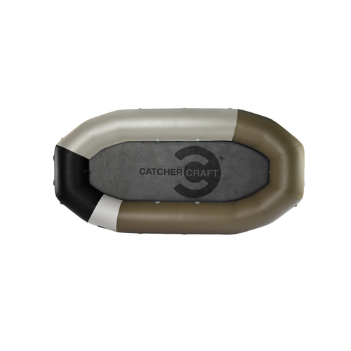 Quest raft inflatable olive and silver with black trim and gray central deck featuring the catcher craft logo