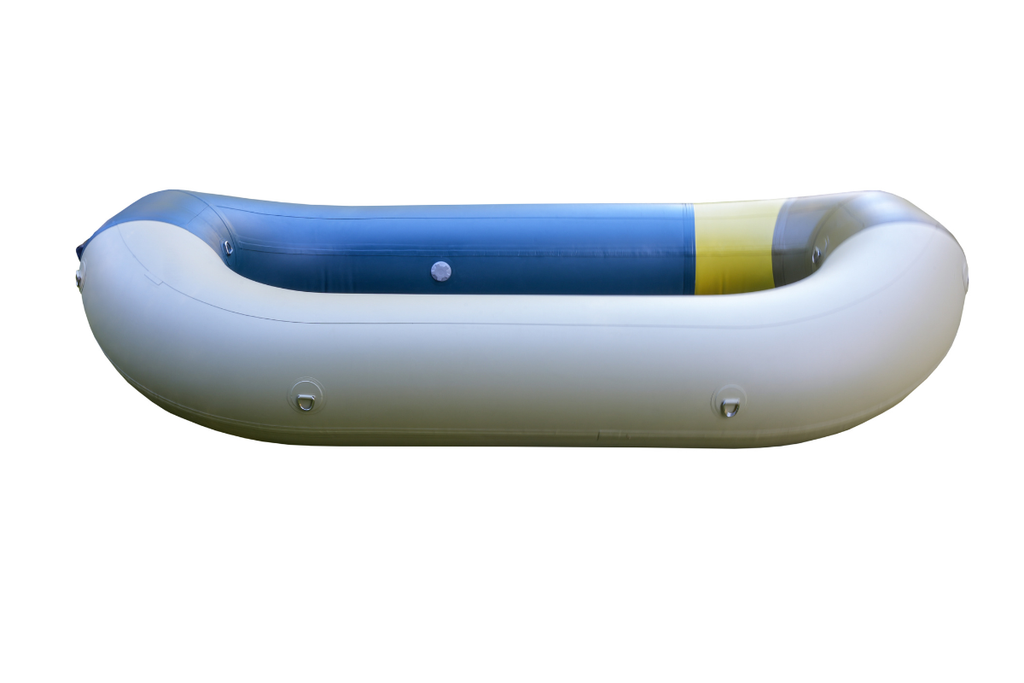 Inflatable raft with blue and yellow stripe on a white background