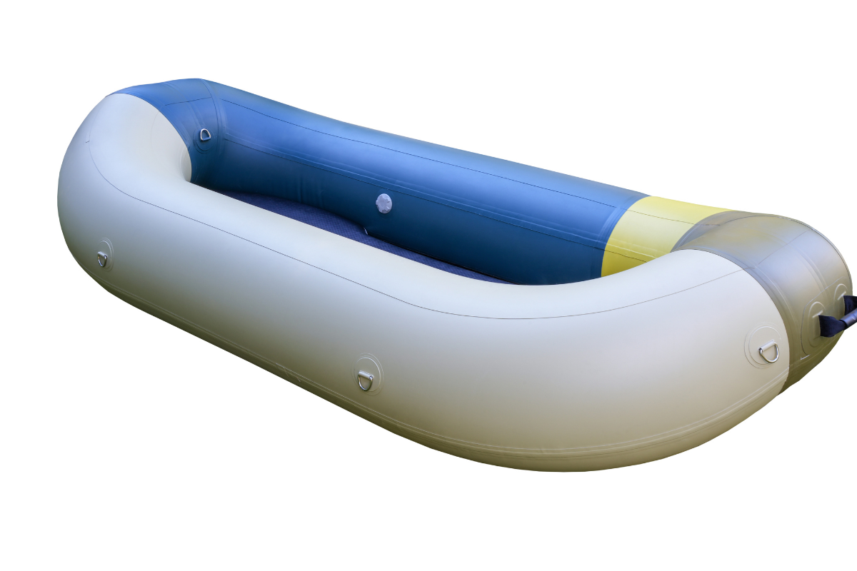 Inflatable raft with blue and white design on a white background