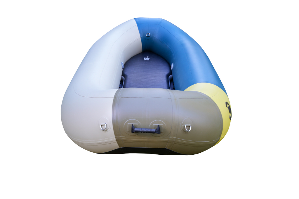 Inflatable boat with a blue and gray design on a white background