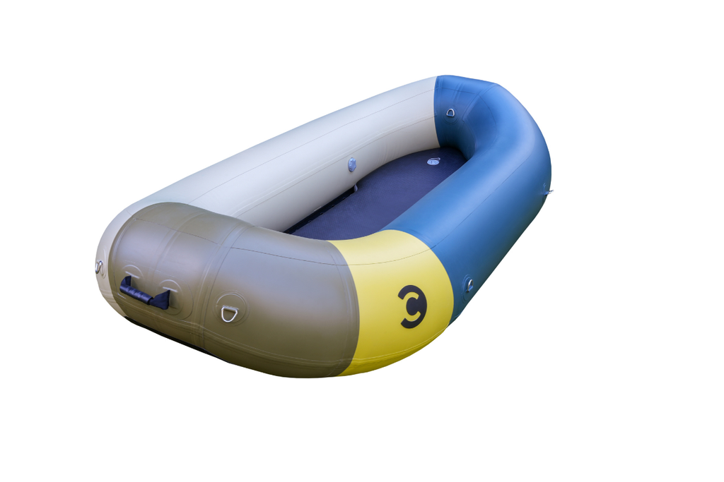 Inflatable boat with blue, white, and yellow colors on a white background