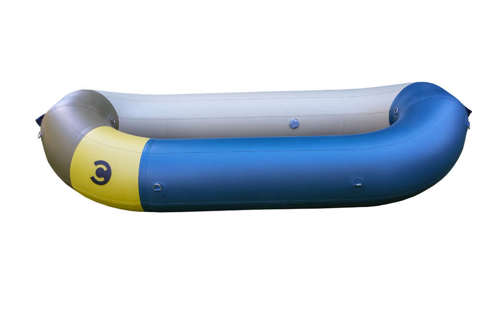 Inflatable raft with blue, gray, and yellow colors on a white background